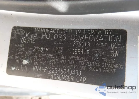 2004 Kia Spectra Ex/Lx z USA, uszkodzony, nr VIN KNAFE122545043433